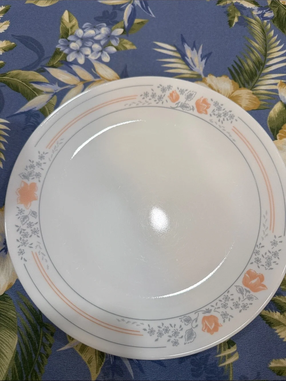 Four Corelle White Dinner Plates with Apricot pattern